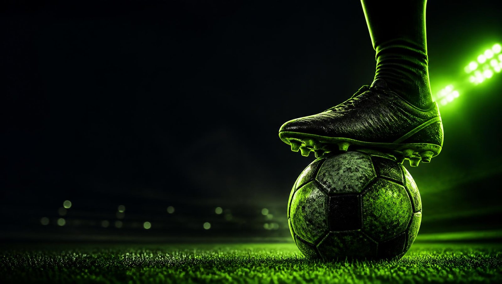 A player's boot resting on a football on floodlit stadium grass at night