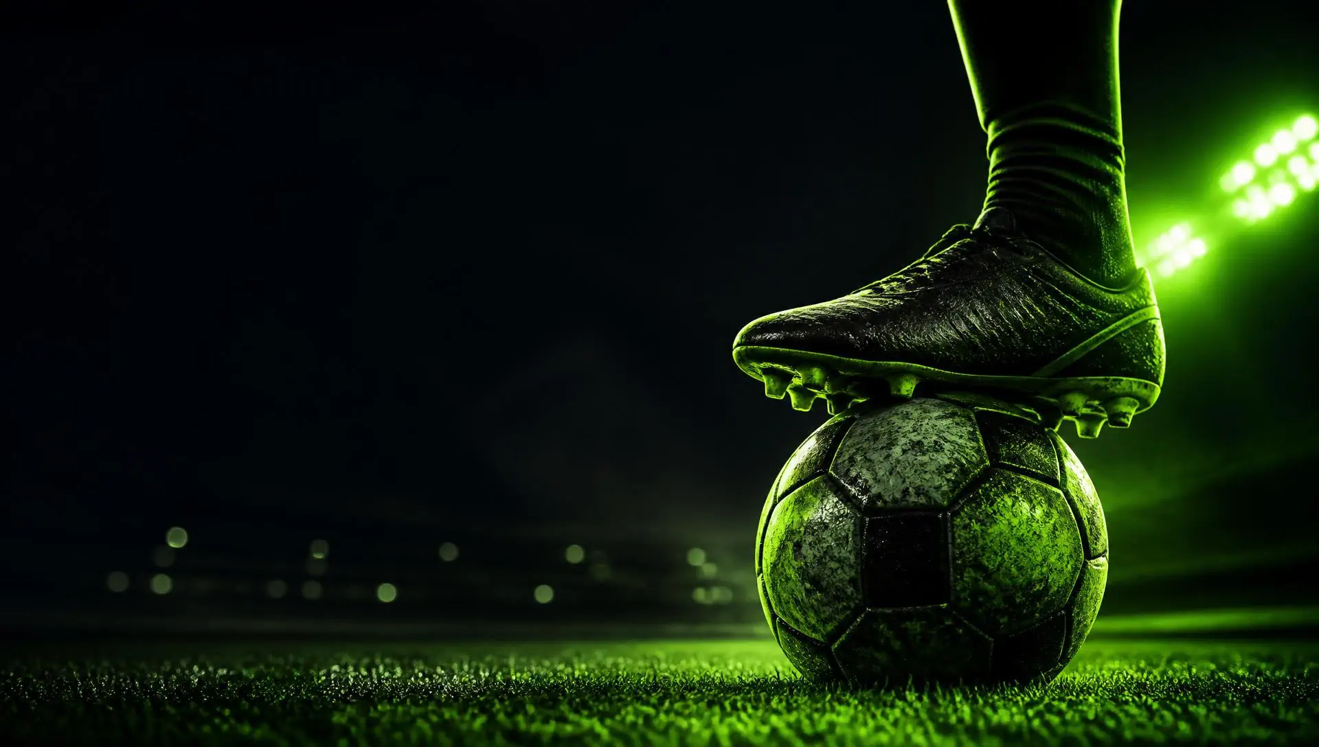 A player's boot resting on a football on floodlit stadium grass at night
